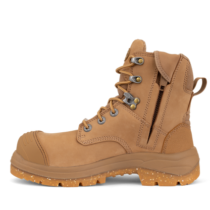 Brown work boot with a white background