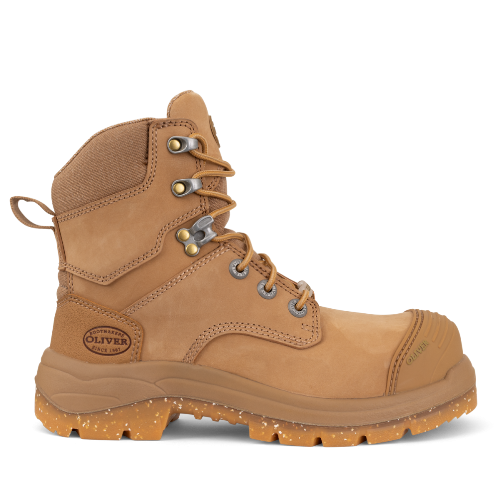 Brown work boot with visible brand logo on a white background