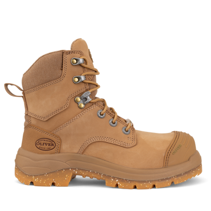 Brown work boot with visible brand logo on a white background