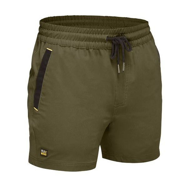 Olive green shorts with a drawstring on a white background