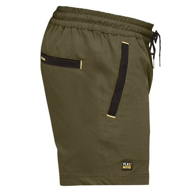 Olive green shorts with black accents on a white background