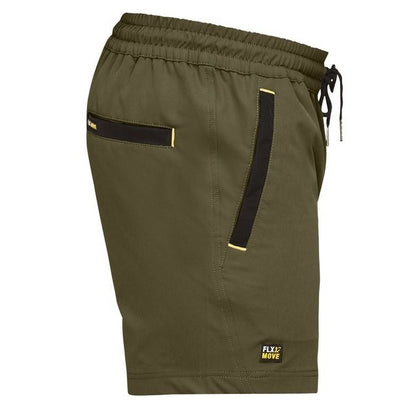 Olive green shorts with black accents on a white background