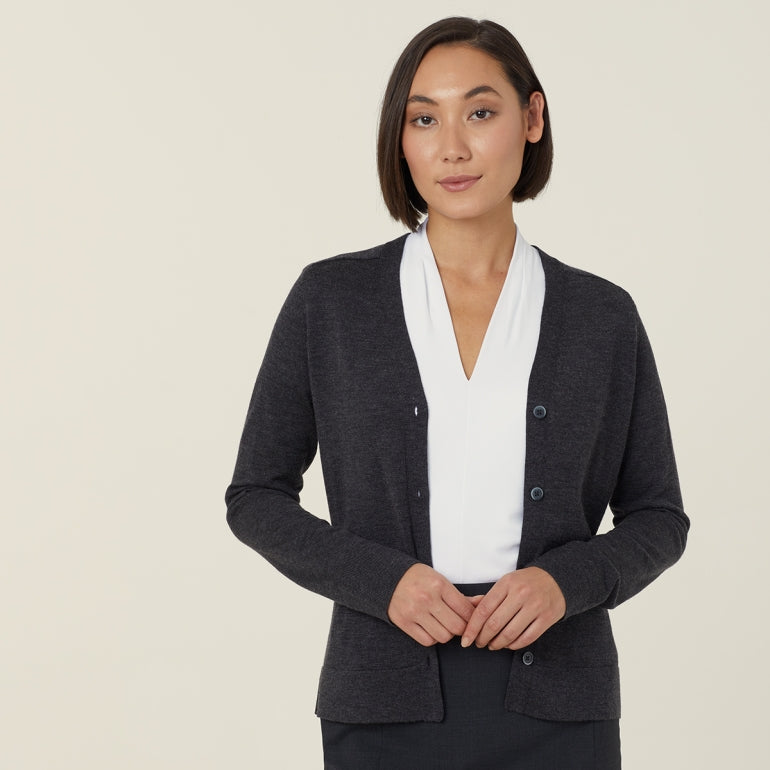 NNT CAT518 Pure Wool V-Neck Cardigan - Charcoal - Angled View