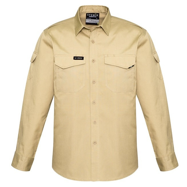 Syzmik ZW400 Mens Vented Ripstop Long Sleeve Shirt - Khaki - Front View