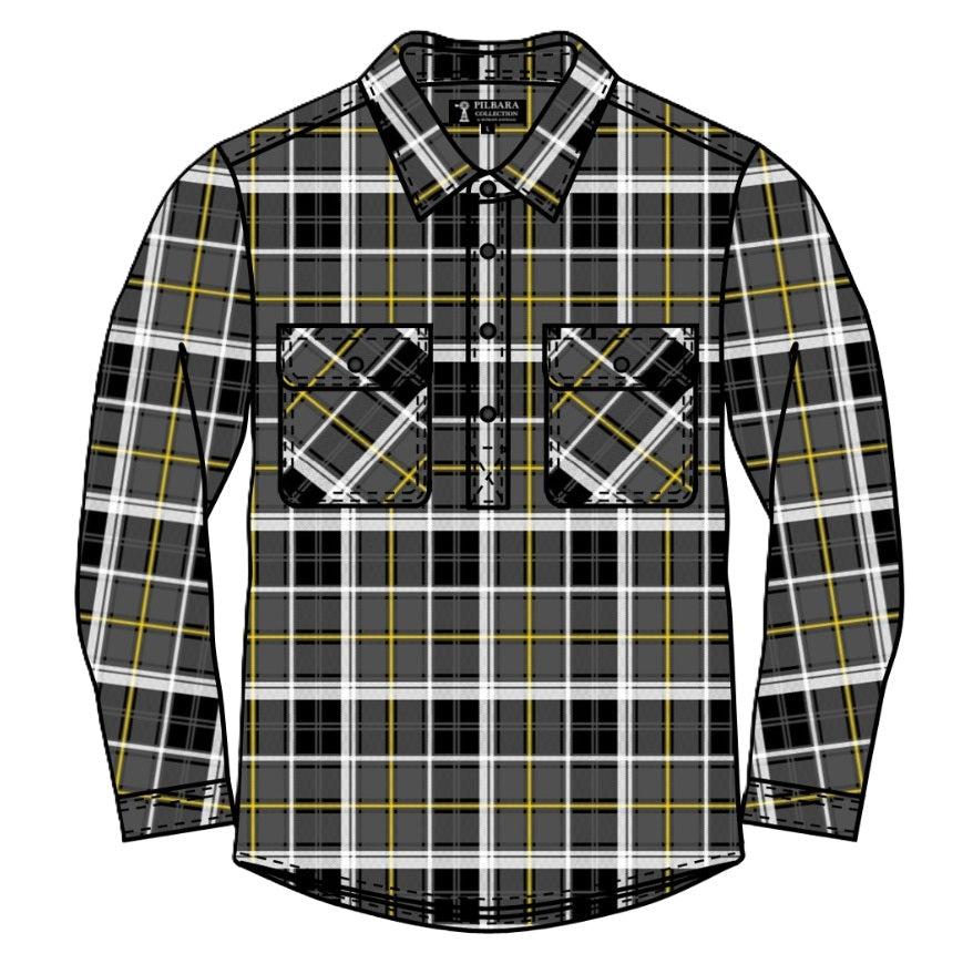 Plaid shirt with black, white, and yellow pattern on a white background