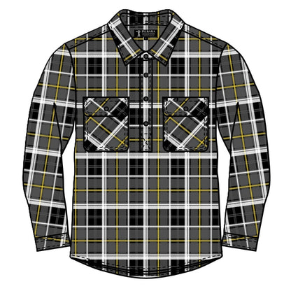 Plaid shirt with black, white, and yellow pattern on a white background
