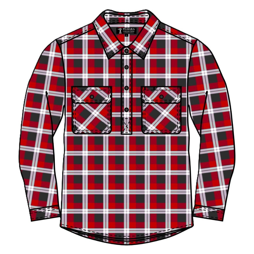 Red and black plaid shirt with white accents on a white background