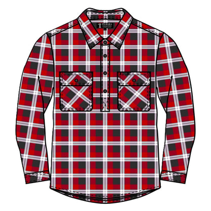 Red and black plaid shirt with white accents on a white background