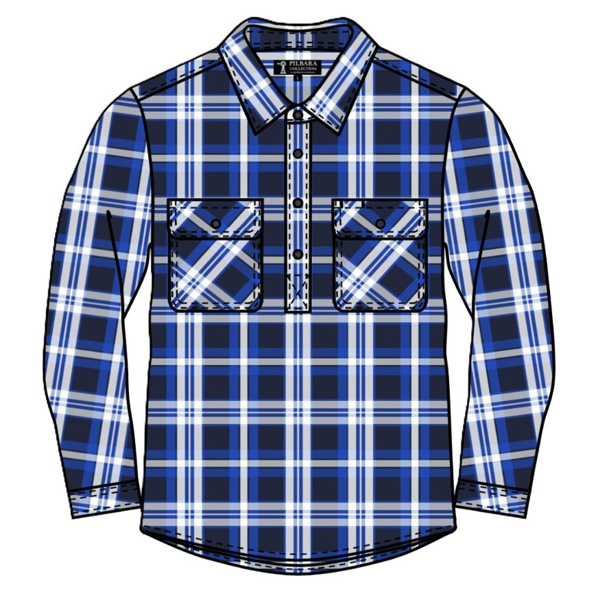 Blue and white plaid shirt with two front pockets on a white background