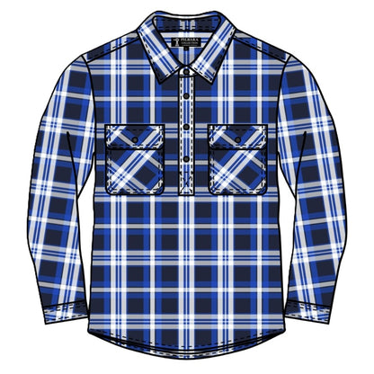 Blue and white plaid shirt with two front pockets on a white background