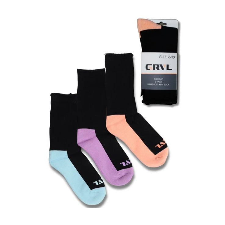 Pink Purple blue with Black Grvl GRVL-S6 Bobcat Bamboo Heavy Duty Crew 3 Pack Womens