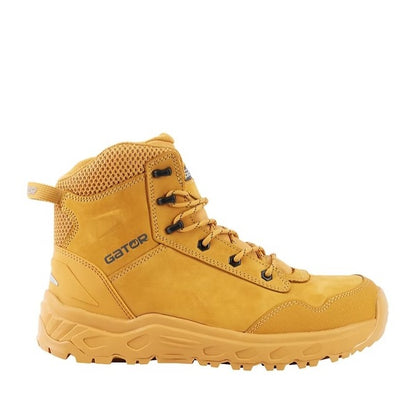 Yellow hiking boot with 'Gator' branding on a white background