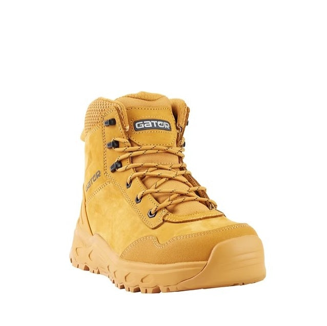 Yellow boot with 'Gator' branding on a white background