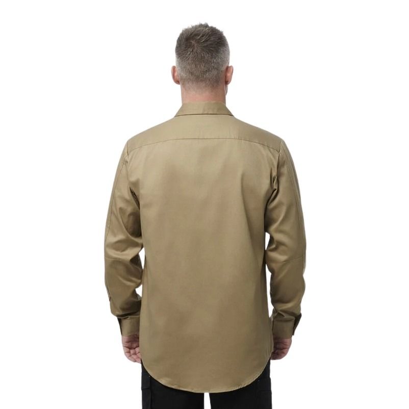 Man wearing a beige shirt from behind on a white background