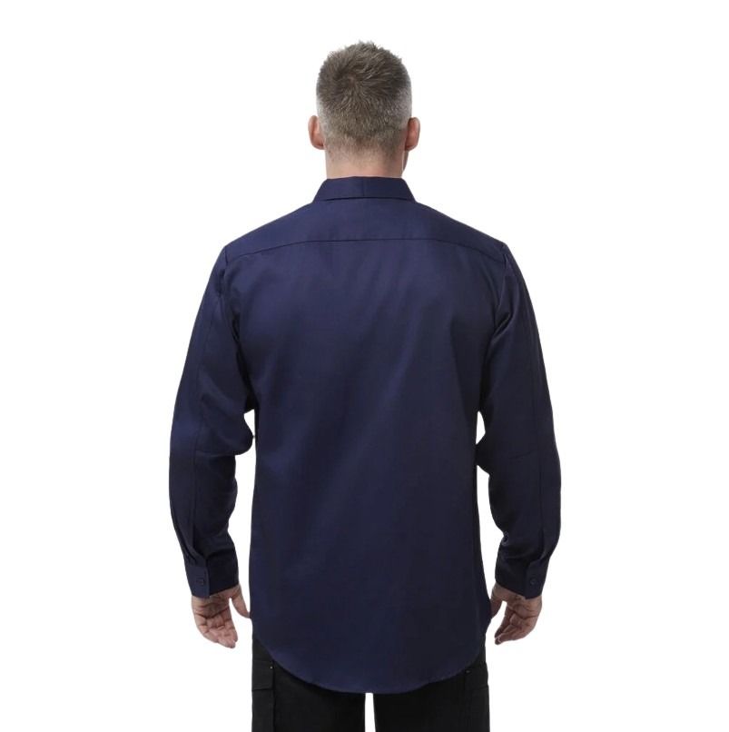 Man wearing a navy blue shirt from behind on a white background
