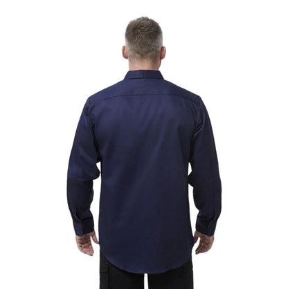 Man wearing a navy blue shirt from behind on a white background