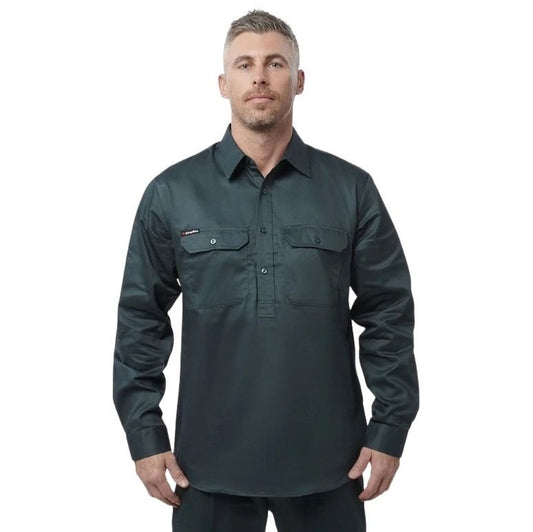 Man wearing a dark green shirt on a white background