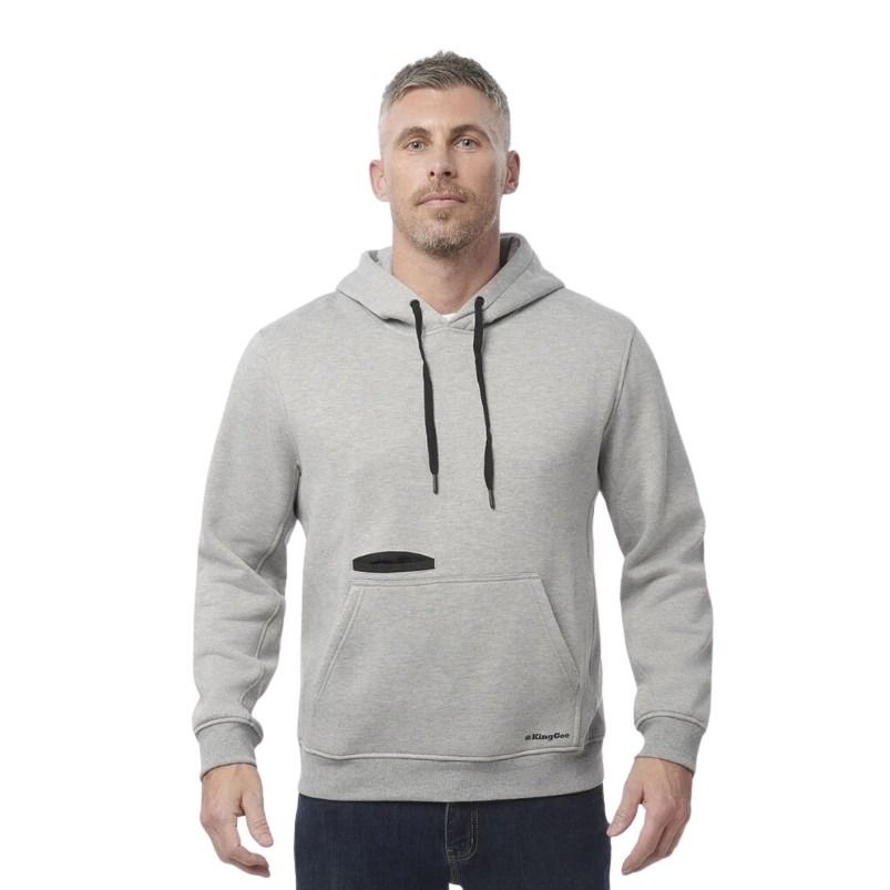 Man wearing a gray hoodie with a brand logo on a white background