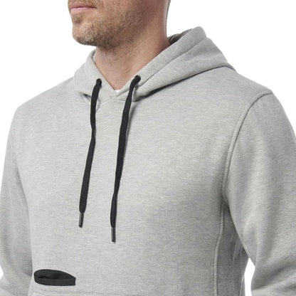 Gray hoodie with black drawstrings on a white background