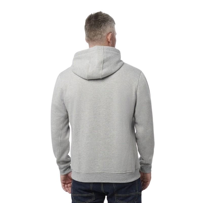 Man wearing a gray hoodie from behind on a white background