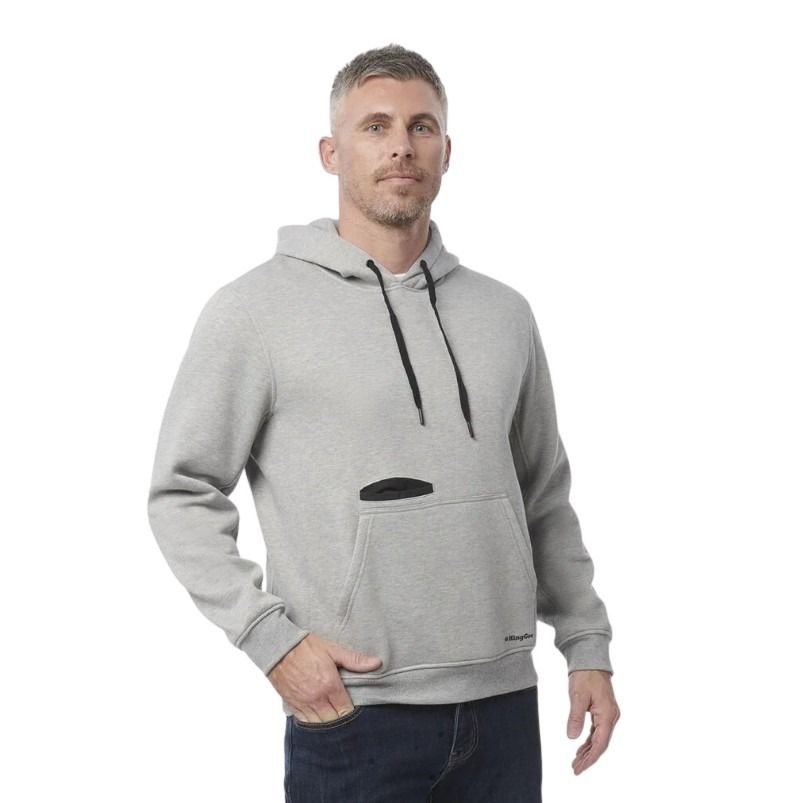 Man wearing a gray hoodie on a white background