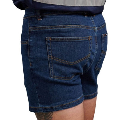 Blue denim shorts on a white background