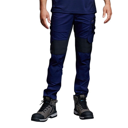 Navy blue work pants with black knee patches on a white background