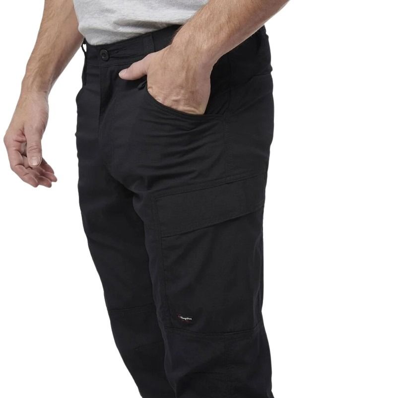 Black cargo pants worn by a person on a white background