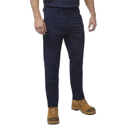 Navy pants worn by a person on a white background