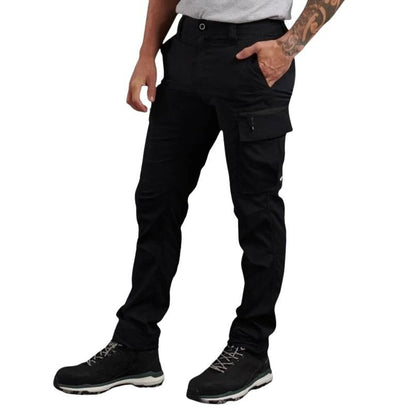 Person wearing black cargo pants on a white background