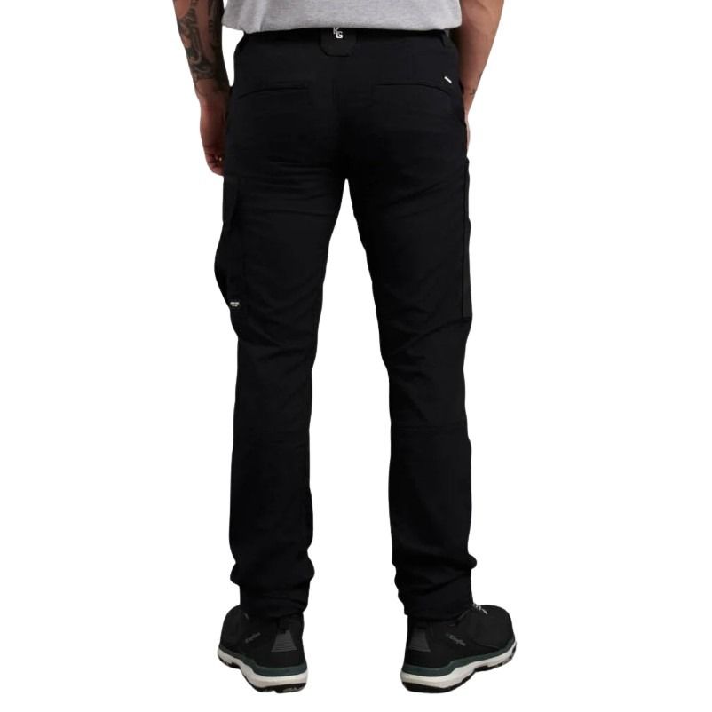 Person wearing black pants on a white background