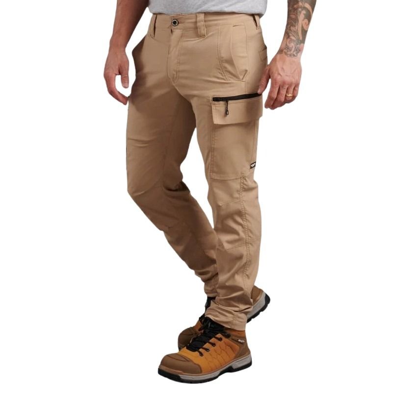 Beige cargo pants worn by a person on a white background