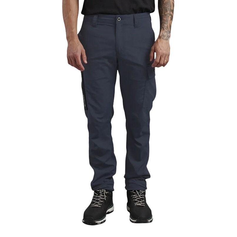 Person wearing dark blue pants on a white background