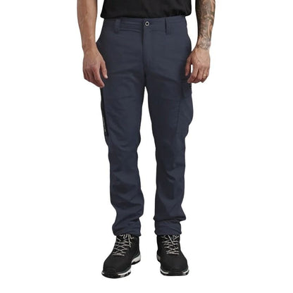 Person wearing dark blue pants on a white background
