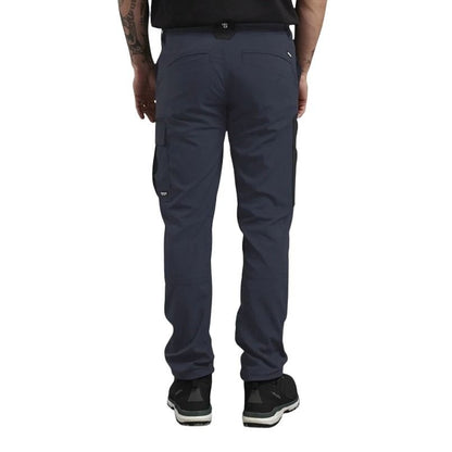 Person wearing dark blue cargo pants on a white background