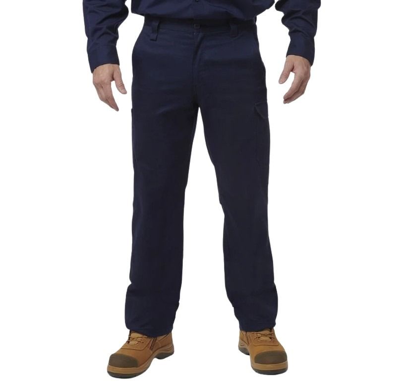 Navy blue work pants worn by a person on a white background