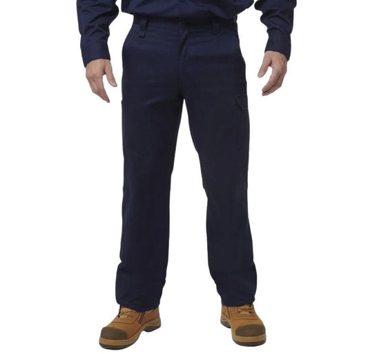 Navy blue work pants worn by a person on a white background