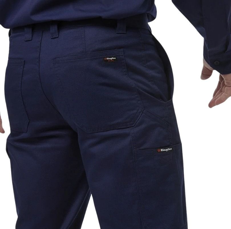 Navy blue pants with a brand logo on a white background