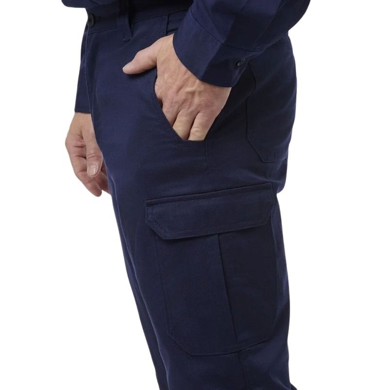 Navy blue pants with a pocket on a white background