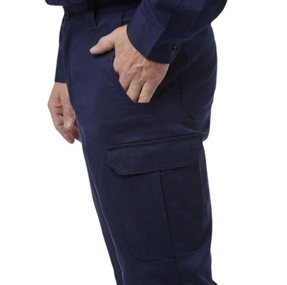 Navy blue pants with a pocket on a white background