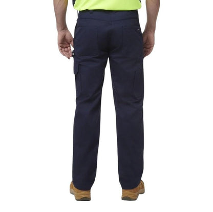 Navy blue cargo pants worn by a person on a white background