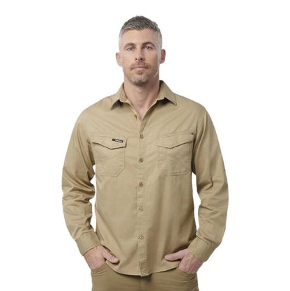 Man wearing a beige button-up shirt on a white background
