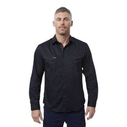 Man wearing a black long-sleeve shirt on a white background