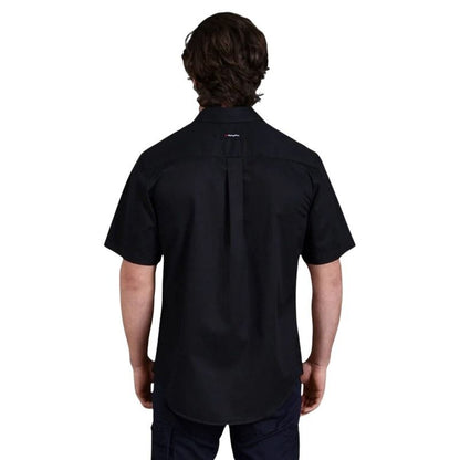 Person wearing a black short-sleeve shirt on a white background