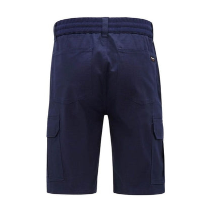 Navy blue cargo shorts on a white background