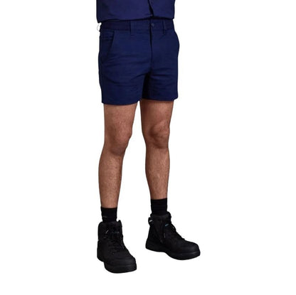 Navy shorts worn by a person on a white background