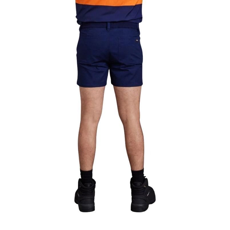 Person wearing navy shorts on a white background