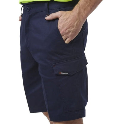 Navy blue shorts with a brand logo on a white background