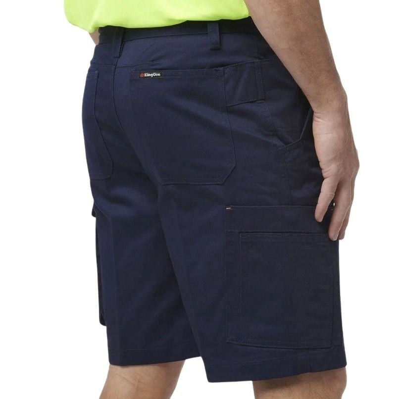 Navy shorts with a brand logo on a white background