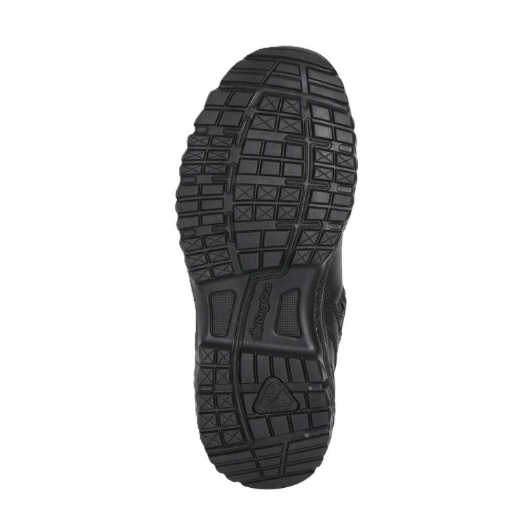 Black shoe sole with tread pattern on a white background